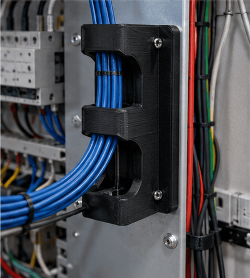 Black FDM printed cable guide routing blue cables inside an electrical panel