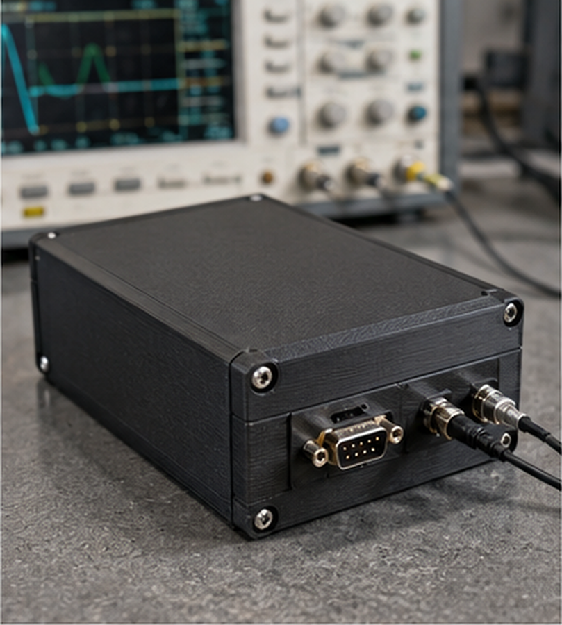 Black FDM printed electronics enclosure with a DB9 connector on a test bench