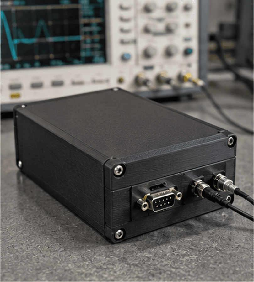 Black FDM printed electronics enclosure with a DB9 connector on a test bench