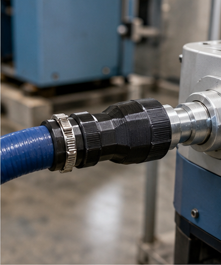 Black FDM printed hose coupling joining a blue hose to a machine fitting