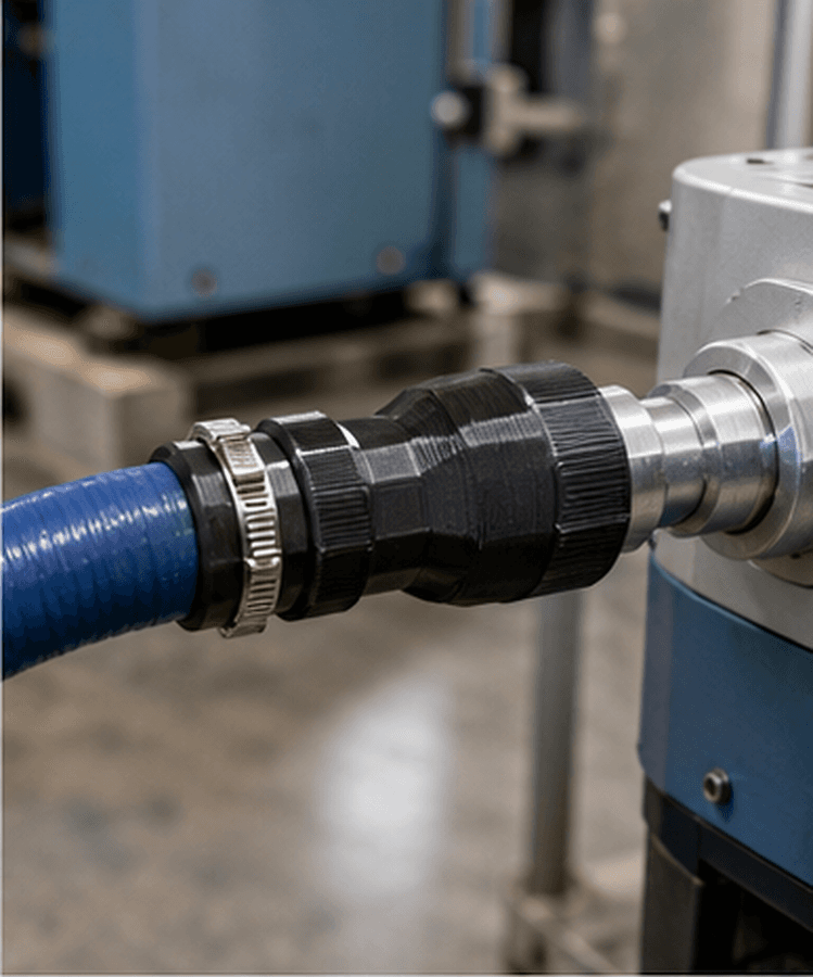 Black FDM printed hose coupling joining a blue hose to a machine fitting