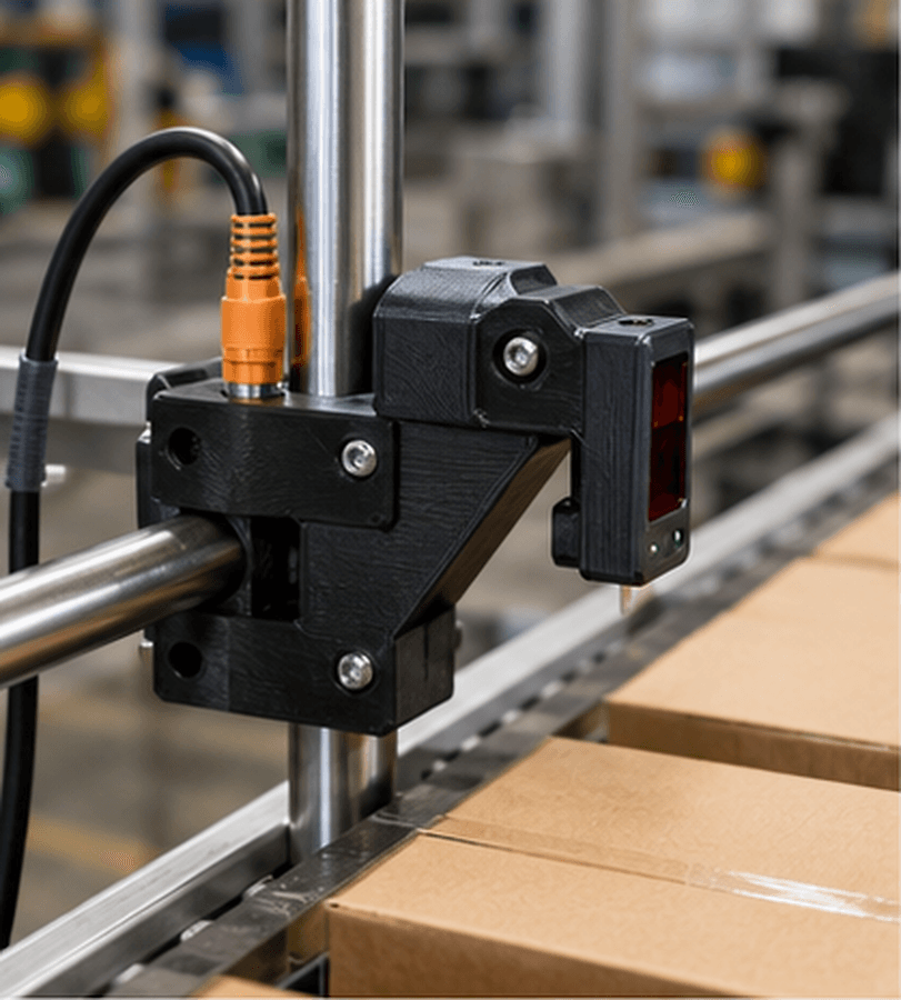 Black FDM printed bracket holding a photo eye sensor over a conveyor line